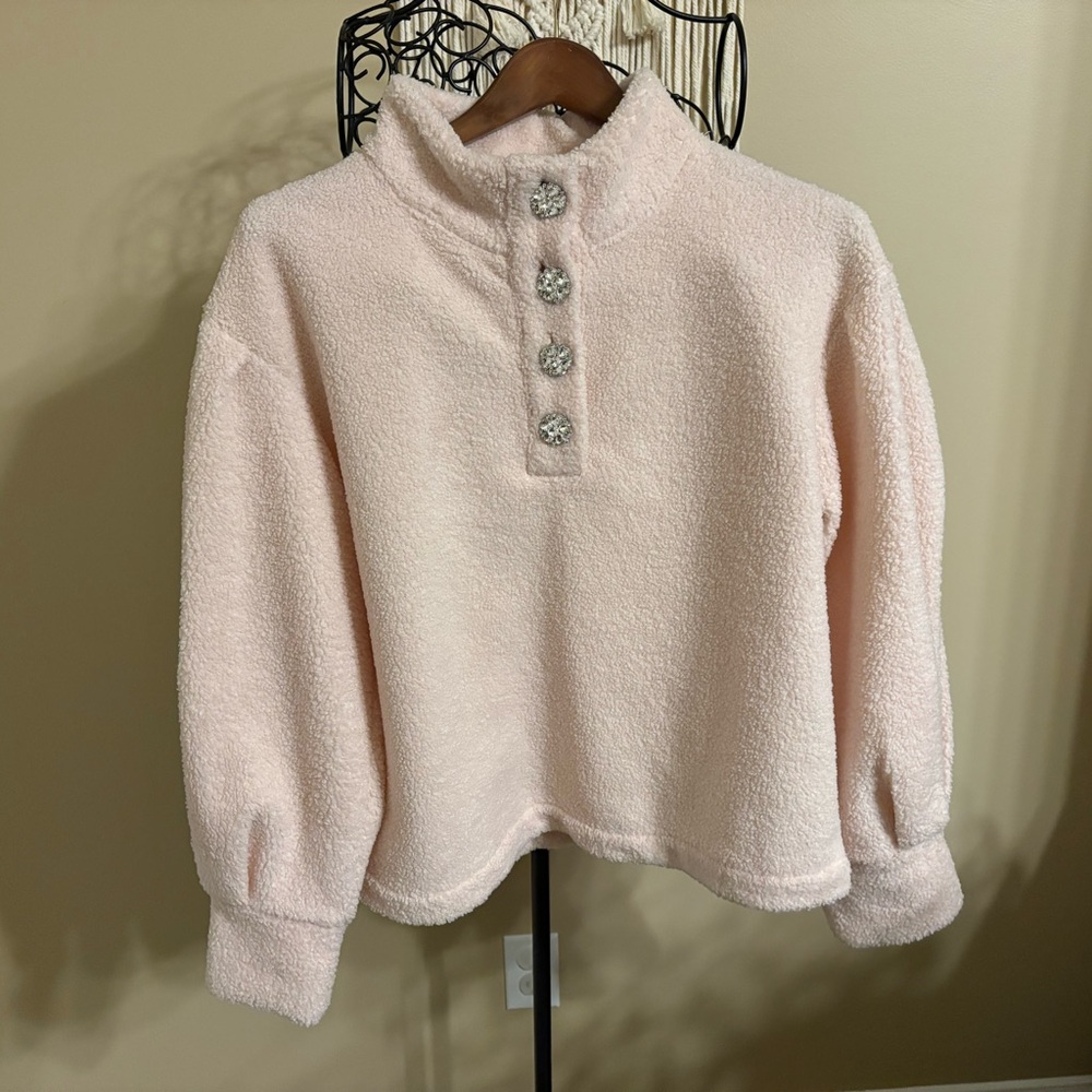 Soft Barbie Pink Sherpa Women Sweater w/Balloon Sleeves & Floral Bling Buttons